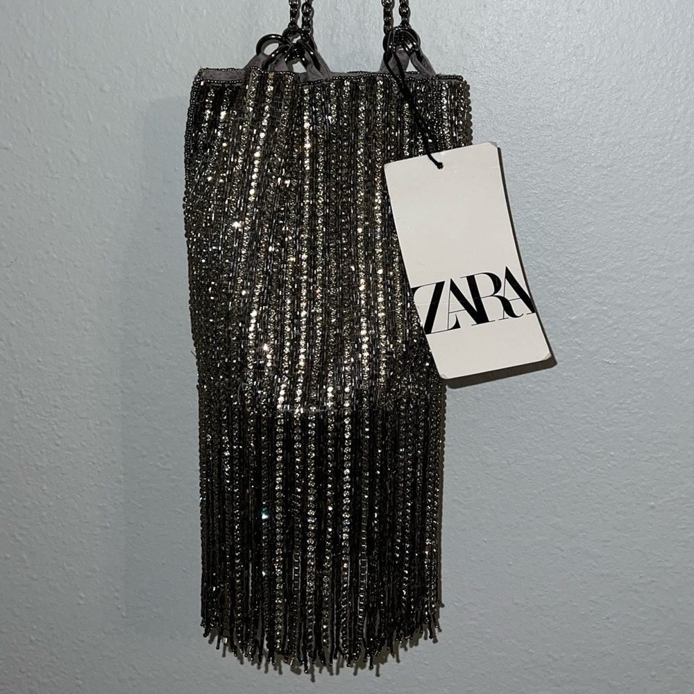 Zara Silver Diamond Beaded Fringed Mini Bucket Bag Brand New With Tags